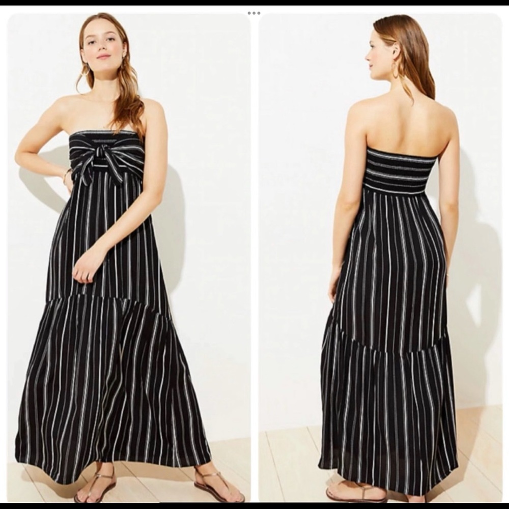 NWT LOFT Beach Black Striped Tie Front Strapless Maxi Dress Size XS